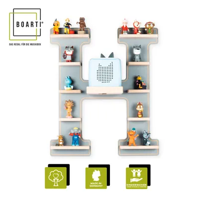 Produktbild von BOARTI Kinderregal Buchstabe H | hängend für Toniebox und Tonie Figuren | platzsparendes Regal | H. 54 x B. 46 x T. 19 cm | Wandregal Musikbox Figuren Aufbewahrung Magneteinsätzen | Aufbewahrungsregal Holz