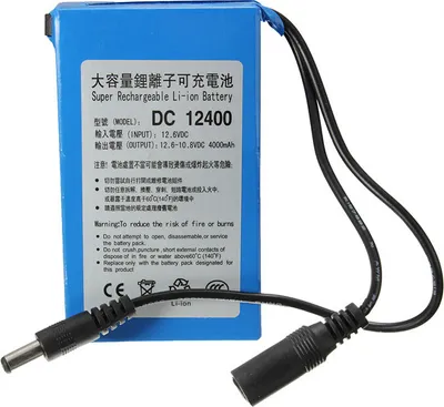 A blue rechargeable battery pack with black wires and connectors, placed on a white background.