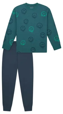 Image de Pyjama pour garçon, manches longues, marque SCHIESSER - Motifs : smileys - Bords en côtes - Coton - Bleu/Vert - Taille 116
