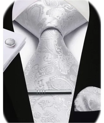 Image de Ensemble de cravates pour hommes comprenant une cravate, un mouchoir de poche, une pince à cravate et des boutons de manchette, de couleur blanche, en 5 pièces
