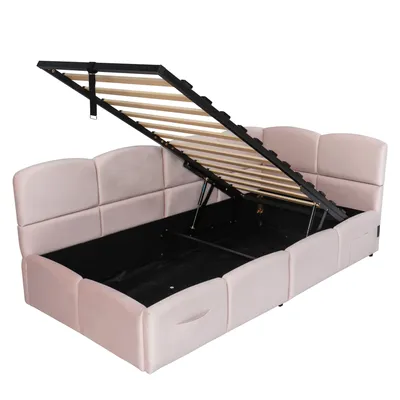 Produktbild von Flieks Hydraulisches Polsterbett 90x200cm mit Stauraum, Schlafsofa Tagesbett mit USB & Type-c, Stauraumbett Einzelbett, Samt, Rosa