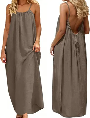 Produktbild von Langes Sommerkleid mit Rundhalsausschnitt, offenem Rücken und verstellbaren Spaghetti-Trägern