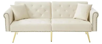 Zdjęcie produktu dla Dwuosobowa sofa z welurem - sofa rozkładana - 3 regulowane oparcia - wypełnienie z pianki - kształt L - kolor beżowy - oszczędza miejsce
