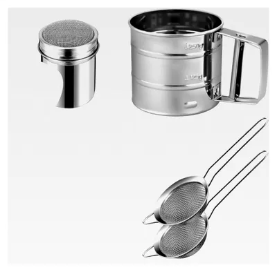 Produktbild von 5-teiliges Mehlsieb-Set aus Edelstahl mit Puderzuckerstreuer und Deckel, inklusive 16 Druckformen, Einhand Küchensieb, 8 cm feines Sieb für Mehl, Kakao, Gewürze und Teesieb