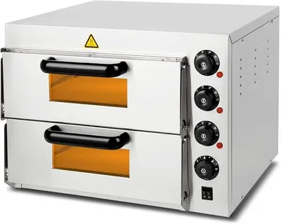 Produktbild von Gastro Pizzaofen mit Doppelkammer, feuerfestem Stein, 3000W, Timerfunktion und Beleuchtung, professioneller Steinofen mit Edelstahlgehäuse, bis 350°C doppelt