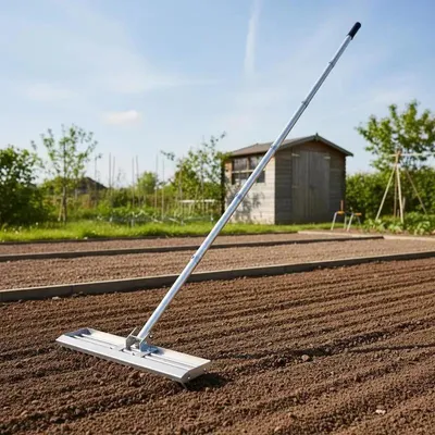 Image de Râteau de jardin - Râteau niveleur en acier inoxydable - Angle d'inclinaison réglable - Robuste et léger - Pour le nettoyage et le nivellement - 45x25x200 cm - Acier inoxydable