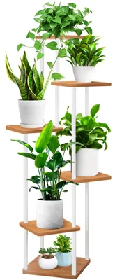 Produktbild von 6-stöckiges Blumenregal/Pflanzenständer aus Holz, mehrstufiger Blumenständer, Blumenbank, Blumenleiter, Pflanzenregal/Standregal für die Dekoration von Innengärten und Balkonen (weiß)