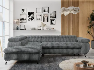 Produktbild von Ecksofa Sofa Grau, Wohnlandschaft L-Form mit Schlaffunktion und Bettkasten, Schlafsofa mit Bettkasten, Sofa mit Einstellbare Kopfstützen, Peter L - Dunkelgrau Cord - Links Grau