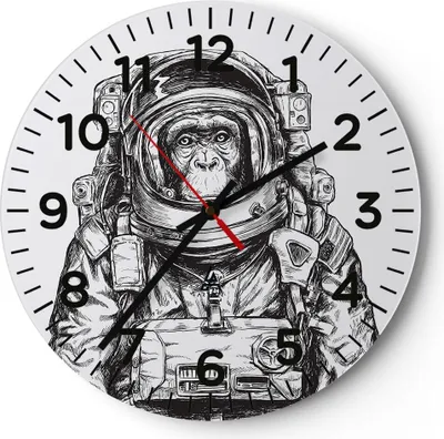 Produktbild von Wanduhr - Rund - Glasuhr - Schimpanse Astronaut Zeichnung - 30x30cm - Schleichendes Uhrwerk - Lautlos - zum Aufhängen bereit - Dekoration Modern - Wanddekoration aus Glas - C4AR30x30-4312
