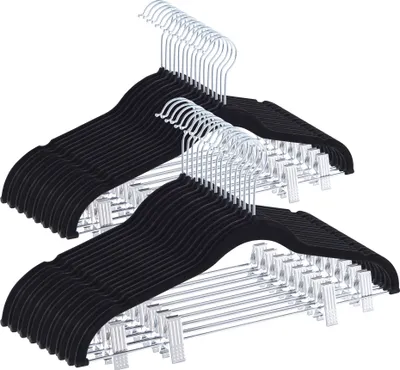Produktbild von 20er Set Kleiderbügel aus Samt mit Clips, Kleiderbügel mit Wäscheklammern für Rock, Hose, für Damen oder Herren, Metallhaken, schwarz