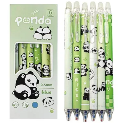 Produktbild von Panda Löschbare Gelstifte – 6 Stück – 0,5 mm Blau – Radierbare Tinte – Lustige Cartoon Stifte für Mädchen & Jungen – Kugelschreiber Set