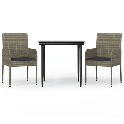 Produktbild von 3-tlg. Garten-Essgruppe mit Kissen Schwarz und Grau Poly Rattan