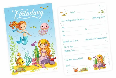 Produktbild von 10 Einladungskarten Meerjungfrauen mit GLITZER inkl. 10 transparenten Briefumschlägen Kindergeburtstag Mädchen Einladung