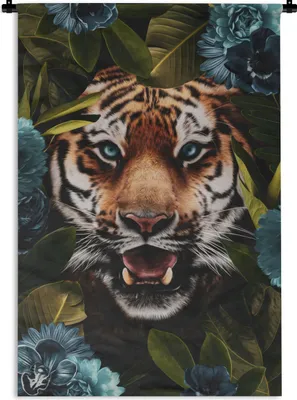 Produktbild von MuchoWow® Wandteppich Wandbehang Tiger - Blätter - Blau 90x135 cm Tapisserie Dekoration Wandtuch - Baumwolle - Wandskulptur