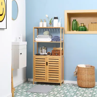 Produktbild von SUGIFT Badkommode mit Lamellentüren, Badezimmerschrank Bambus, Badregal Naturholz | Bambus | 2 offene Fächer + Schrank | 60 x 30 x 120 cm