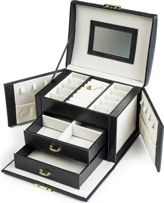 An open black jewelry box with multiple compartments and drawers, a mirror inside the lid, and a small gold-colored accessory.