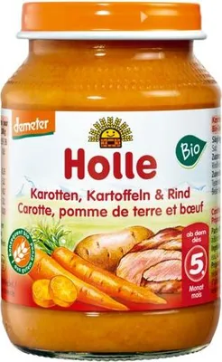MARCHEW - ZIEMNIAK - WOŁOWINA BEZ DODATKU CUKRÓW BEZGLUTENOWE OD 5 MIESIĄCA DEMETER BIO 190 g (SŁOIK) - HOLLE
