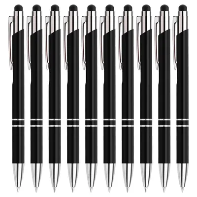 Produktbild von 10 Stück 2-in-1 Touchpen Druckkugelschreiber für Tablet Smartphone, Metall Kugelschreiber mit schwarzer Tinte für Büro Haushalt (0,7 mm Schwarz)