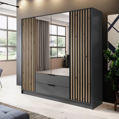 A modern wardrobe with mirrored doors and wooden slatted accents, set in a room with natural light from windows.