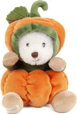 A stuffed toy bear wearing a pumpkin costume, presented against a white background.