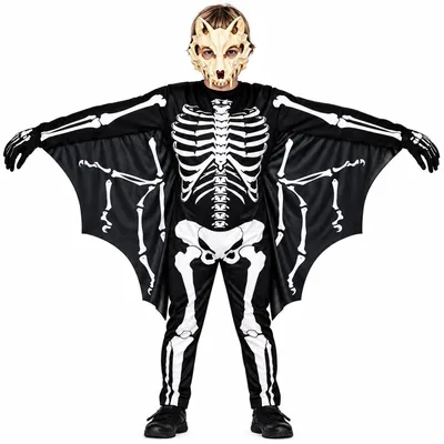 Productafbeelding van Skeletvleermuis kostuum, vleugels, Halloween, kinderfeest, griezelthema, zwart-wit, maat: 128/134, kleur: zwart