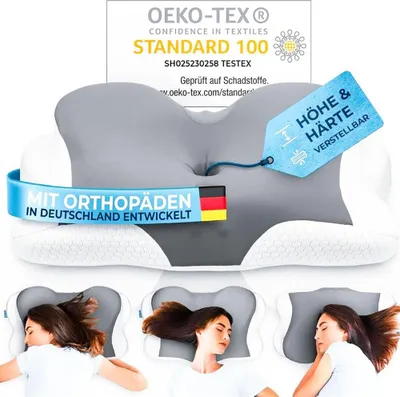 A collage showing an orthopedic pillow and three lifestyle shots of people sleeping on it.