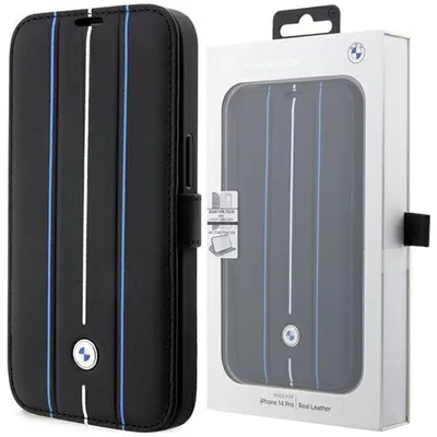 Produktbild von BMW, Booktype-Etui iPhone 14 Pro Leder Stamp Blue Lines robust, Schwarz