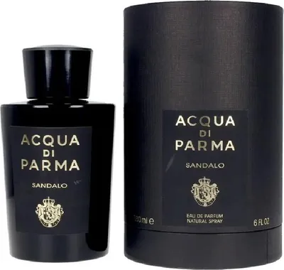 A black bottle of Acqua di Parma Sandalo Eau de Parfum and its cylindrical packaging are displayed against a white background.