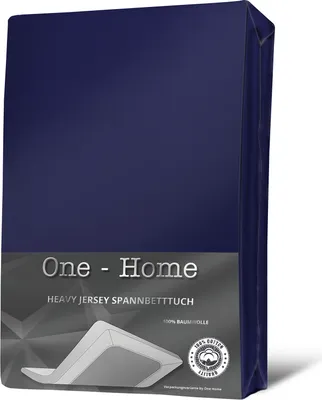 A product shot of a folded navy blue jersey fitted sheet.