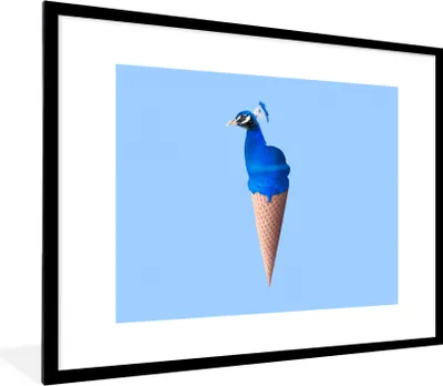 Produktbild von MuchoWow® Gerahmtes Poster Pfau - Eistüten - Eiscreme - Blau - Vogel 80x60 cm - Poster mit Schwarzem Bilderrahmen Wandposter Rahmen Foto Bilder - Schlafzimmer-Dekorationen - Fotoposter