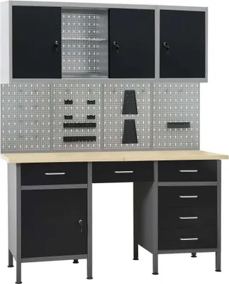 Zdjęcie produktu dla Stół warsztatowy Living Store z 4 ściankami narzędziowymi i 2 szafkami ściennymi