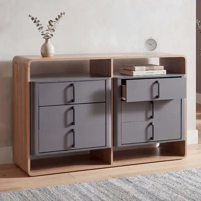 Produktbild von Kommode HWC-P43, Schrank Sideboard Highboard, 6 Schubladen MDF 80x120x42cm  Rivera-Eiche-Optik, dunkelgrau