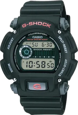 A close-up studio shot of a black Casio G-Shock watch against a white background.