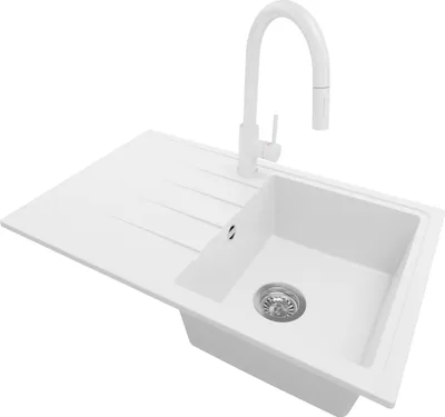 Produktbild von PRIMAGRAN Granitspüle Weiß 78x50cm, Spülbecken 1 Becken + Küchenarmatur 40x20cm + Ablauf-Set, Küchenspüle ab 45er Unterschrank - Mailand