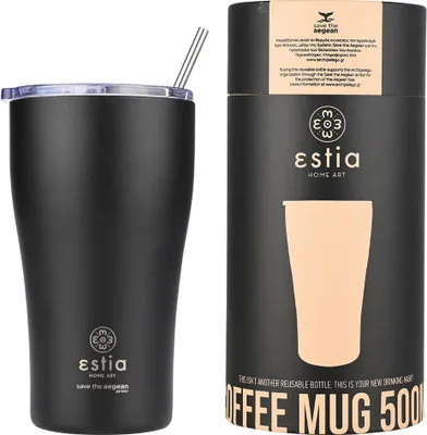 Obrázek produktu pro ESTIA | Termohrnek - 350 ml - černý vakuový hrnek - s brčkem a nepropustným víčkem