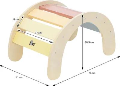 A wooden climbing arch for children, with dimensions indicated by measurement lines and text.