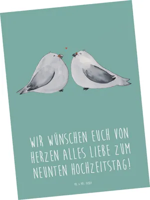Produktbild von Mr. & Mrs. Panda bildkarte 9. Hochzeitstag Keramikhochzeit - Meeresbrise - Geschenk, Grußkarte, Ansichtskarte, von Herzen, Stabilität, Heiraten, Familie, neunter