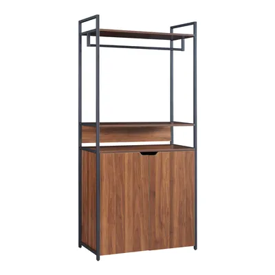 A freestanding wardrobe rack with shelves and a cabinet.
