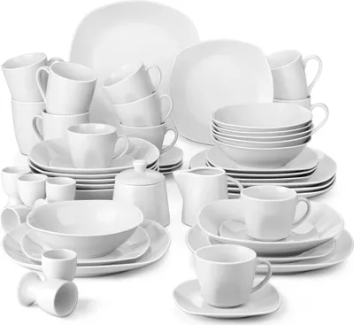 Zdjęcie produktu dla MALACASA 50-częściowy zestaw naczyń, porcelana przyjazna dla środowiska, serwis dla 6 osób, 50 szt