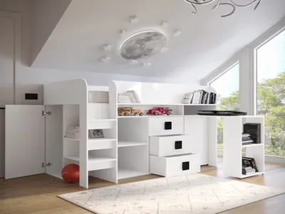 Obrázek produktu pro Zvýšená multifunkční dětská postel 90x200 LANKA 1 - bílá / lesklá bílá / černá