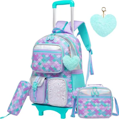 Image de Sac à dos à roulettes pour filles, ensemble 5 pièces comprenant une boîte à lunch, une trousse à crayons, et une sacoche pour ordinateur portable de 17 pouces, design licorne