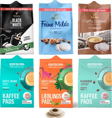 Produktbild von Tchibo Eduscho Kaffeepadmix Probierset Vielfaltspaket, Feine Milde, BLACK&WHITE, Caffè Crema, Lieblingspads & Klassisch, 204 Stück – 3x 36 Pads & 3x 32 Pads, nachhaltig, geeignet für Senseo Maschinen