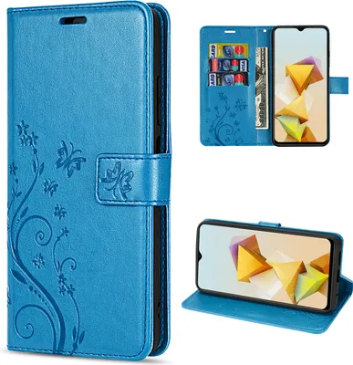 A collage of images showing a blue flip phone case with a floral and butterfly design, including a view of the case open with cards and cash inserted, and a view of the case folded to act as a stand for a phone.
