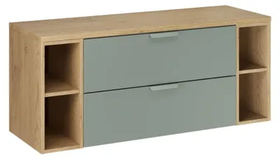 Productafbeelding van Ensemble OSTER 120cm: meubel onder wastafel met lades in saliegroen en zichtbare nissen + blad voor wastafel in licht eikenuiterlijk