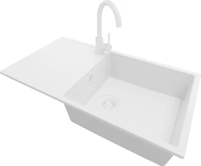 Zdjęcie produktu dla Zlewozmywak granitowy PRIMAGRAN, całkowicie biały, 90 x 50 cm, zlewozmywak z jedną komorą + bateria kuchenna 32 x 20 cm + zestaw odpływowy, zlewozmywak do szafki dolnej o szerokości od 60 cm – Ibiza