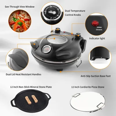 Produktbild von Elektrischer Pizzaofen - Tischofen - Doppelte Temperaturregelung - Bis 420 °C - Pizzastein 30 cm & Mineralsteinplatte - Für Pizza und Steak - Schwarz