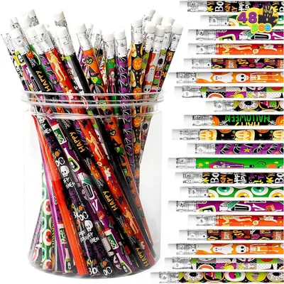 Image de Crayons de couleur Halloween - Crayons avec gomme - Paquet de 48 - 12 motifs différents - Couleurs vives - Idéal pour les cadeaux de fête
