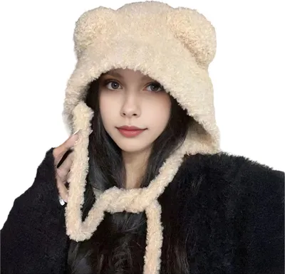 Produktbild von Niedliche Wintermütze mit Bärenohren für Damen, flauschige, lässige Häkelmütze, weiche Plüschmütze, warm mit Ohrenklappen.