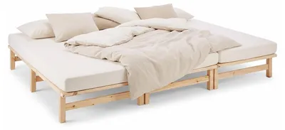Produktbild von Homestyle4u Holzbett 270x200 mit Lattenrost Familienbett Palettenbett Bettgestell Natur Kiefer Massivholz Futonbett, KI-generiertes Bild