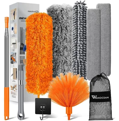 Zdjęcie produktu dla Zestaw 10-elementowy, teleskopowy mop do kurzu, nadający się do prania, rozkładany do 250 cm, kolor pomarańczowy/szary